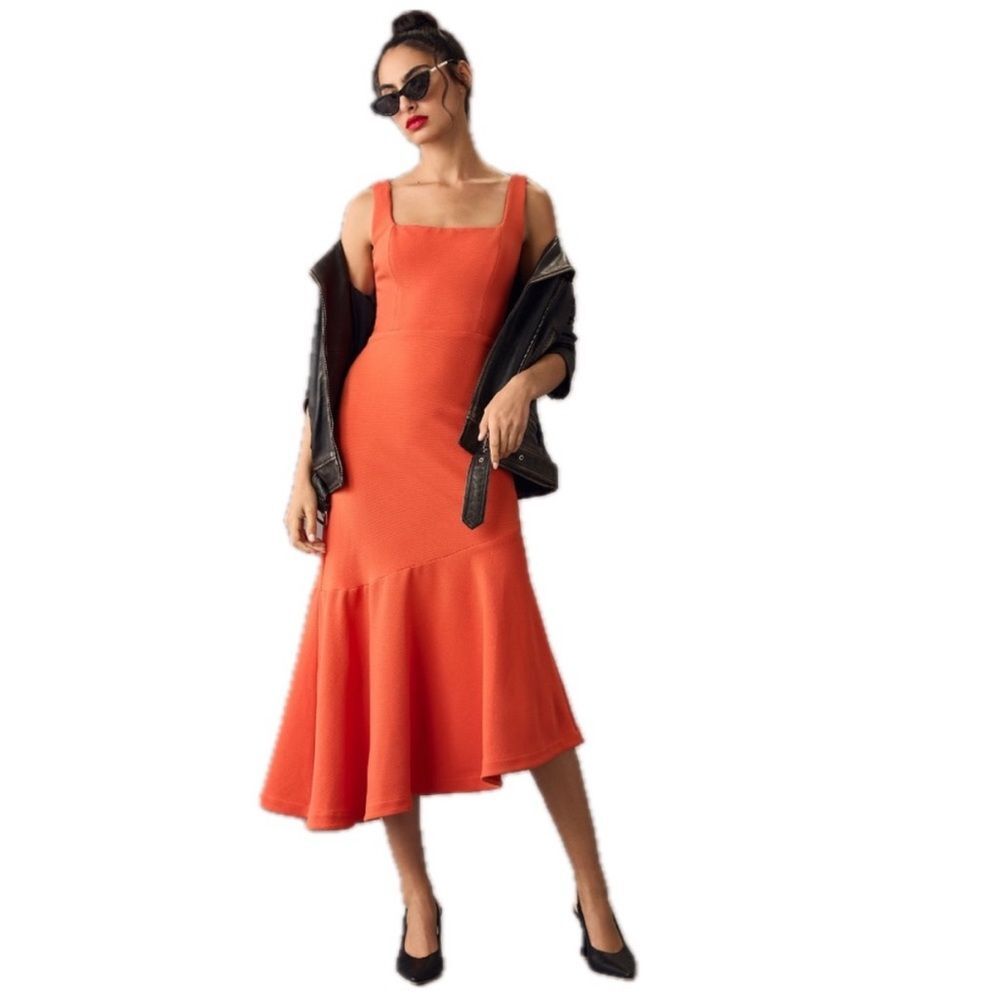 Anthropologie The Ariana Square-Neck Asymmetrical Ruffle-Hem Dress Magic Fabric